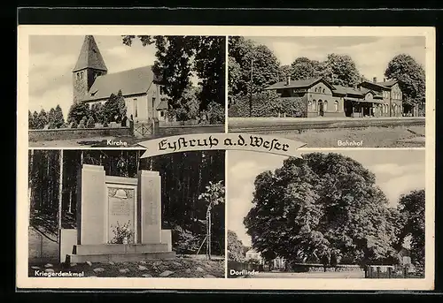 AK Eystrup a. Weser, Bahnhof, Kirche, Kriegerdenkmal, Dorflinde