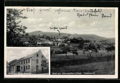 AK Oberstadtfeld / Eifel, Totalansicht, Gasthaus Math. Schmitz