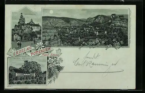 Lithographie Pottenstein /Fränk. Schweiz, Gasthaus v. Joh. Distler, Tüchersfeld, Ortsansicht