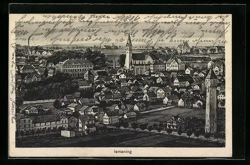 Künstler-AK Ismaning, Ortsansicht aus der Vogelschau