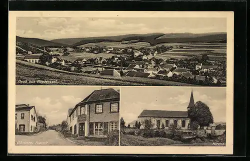 AK Niederzerf, Totalansicht, Bäckerei Klauck, Kirche