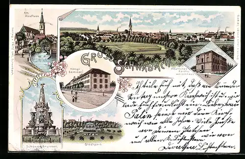 Lithographie Schwabach, Deutsches Reichswaisenhaus, Am Ausfluss, Königl. Seminar, Schöner Brunnen, Stadtpark