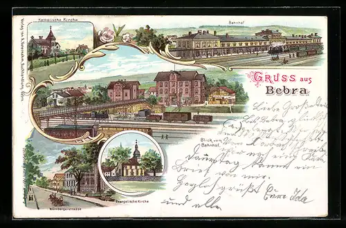 Lithographie Bebra, Bahnhof, Nürnberger Strasse, Kath. & evangel. Kirche