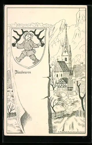 AK Blaubeuren, Teilansicht mit Kirche, Wappen