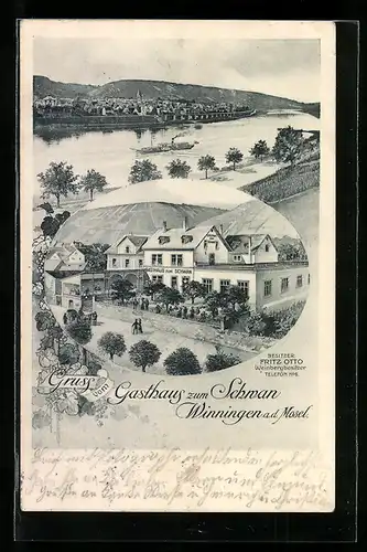 AK Winningen a. d. Mosel, Gasthaus zum Schwan, Uferpartie mit Dampfer
