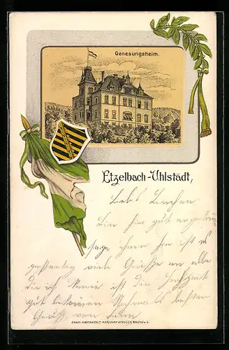 Lithographie Etzelbach-Uhlstädt, Genesungsheim, Wappen