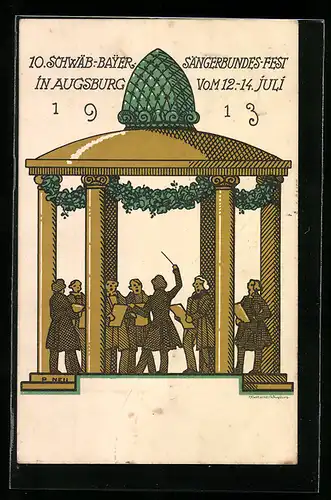 Künstler-AK Augsburg, 10. Schwäb.-Bayer. Sängerfest 1913, Sänger im Musikpavillon