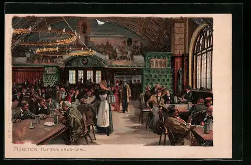 Künstler-Lithographie P. Hey: München, Hofbräuhaus-Saal mit vielen Leuten