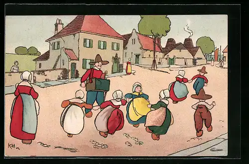 Künstler-AK Mann mit Leierkasten spielt für holländische Kinder