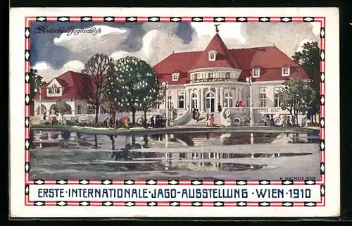 Künstler-AK H. Kalmsteiner: Wien, I. Internationale Jagdausstellung 1910, Blick auf das Deutsche Jagdschloss