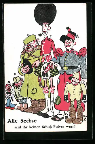 Künstler-AK Walter Trier: Alle Sechse seid ihr keinen Schuss Pulver wert!, Propaganda 1. Weltkrieg