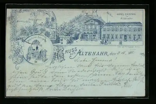 Vorläufer-Lithographie Altenahr, 1894, Hotel Caspari, Burg-Ruine Rittersprung