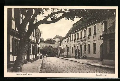 AK Tangermünde, Strasse Schlossfreiheit mit Gasthaus Königin Luise