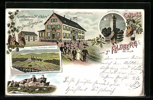 Lithographie Feldberg i. T., Gasthaus zur Walküre, Panorama, Ruine Falkenstein