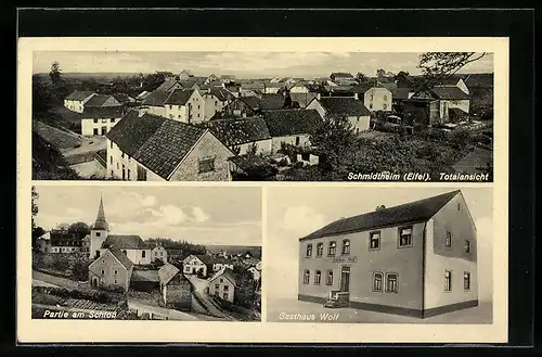 AK Schmidtheim / Eifel, Totalansicht, Partie am Schloss, Gasthaus Wolf