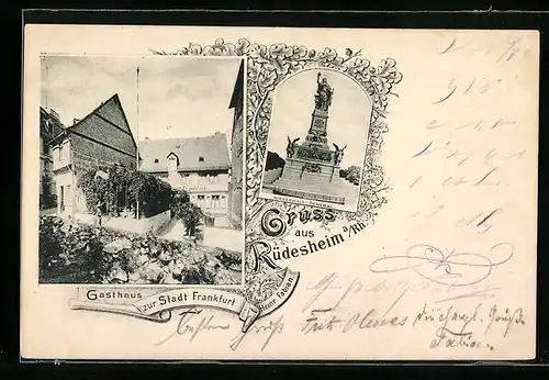 AK Rüdesheim a. Rh., Gasthaus zur Stadt Frankfurt, Niederwald-Denkmal