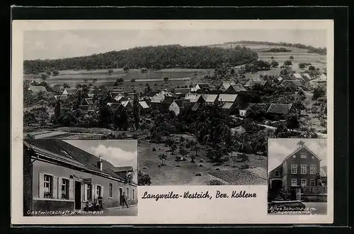 AK Langweiler-Westrich, Gasthaus und Bäckerei von W. Ammann, Alte Schule mit Kriegerdenkmal