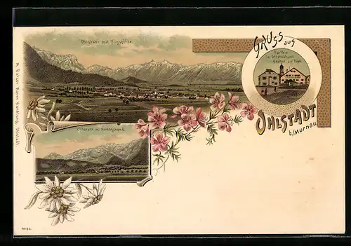 Lithographie Ohlstadt b. Murnau, Ortsansicht mit Zugspitze u. Herzogstand, Gasthof zur Post