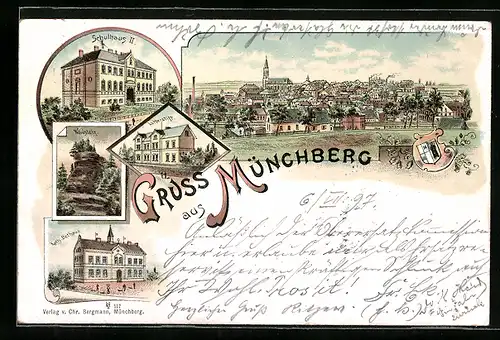 Lithographie Münchberg, Kath. Bethaus, Lutherstift, Schulhaus II.