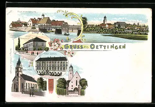 Lithographie Oettingen, Neue Wörnitzbrücke, Lehrer-Töchterheim, Fürstl.Schloss