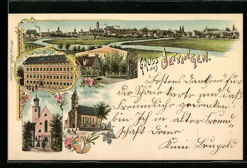 Lithographie Oettingen, Kathol. Kirche, Fürstl. Schloss, Hofgarten Eingang