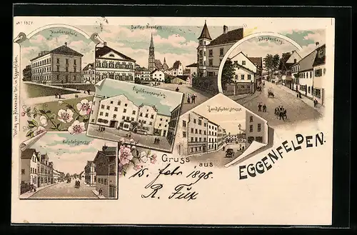 Lithographie Eggenfelden, Bahnhofstrasse, Knabenschule, Landshuterstrasse