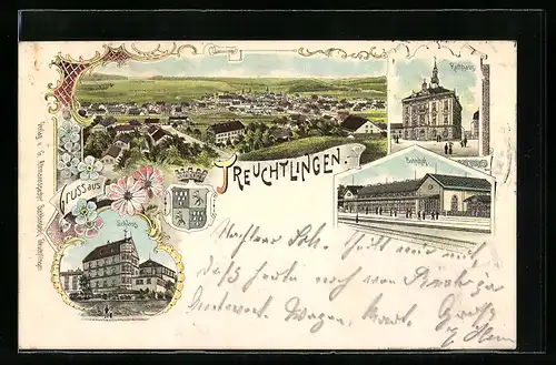Lithographie Treuchtlingen, Schloss, Bahnhof, Rathaus, Gesamtansicht
