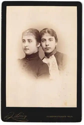 Fotografie J. Löwy, Wien, Weihburggasse 31, Zwei junge Damen in Kleidern