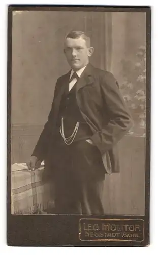Fotografie Leo Molitor, Neustadt i. Schw., Fabrikstr. 190, Junger Mann in Anzug und Weste mit Taschenuhr