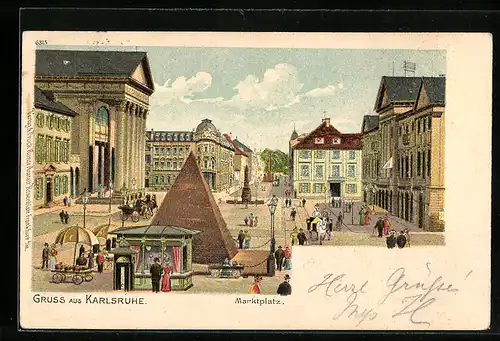 Lithographie Karlsruhe, Marktplatz mit Pyramide