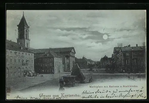 Mondschein-AK Karlsruhe, Marktplatz mit Rathaus und Stadtkirche