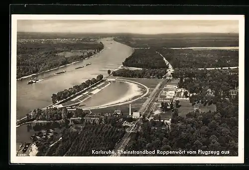 AK Karlsruhe, Rheinstrandbad Rappenwört vom Flugzeug aus aufgenommen