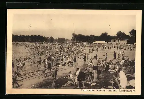 AK Karlsruhe, Rheinstrandbad Rappenwört mit Badegästen