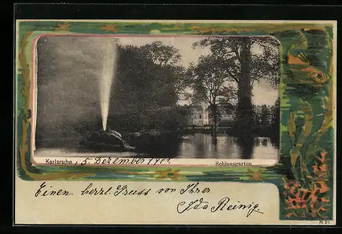 AK Karlsruhe, Schlossgarten mit Springbrunnen