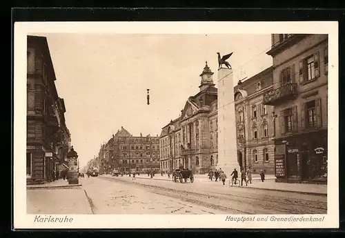 AK Karlsruhe, Hauptpost und Grenadierdenkmal
