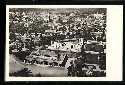 AK Karlsruhe, Stadthalle aus der Vogelschau