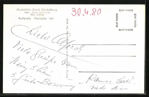 AK Karlsruhe, Gaststätte Stadt Heidelberg, Innenansicht