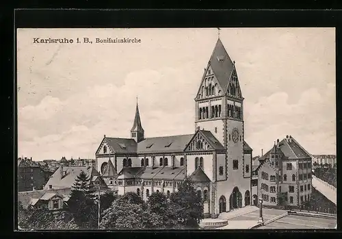 AK Karlsruhe, Bonifaziuskirche mit Umgebung