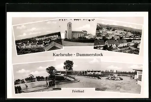 AK Karlsruhe-Dammerstock / Rhein, Freibad, Kirche, Ortsansichten