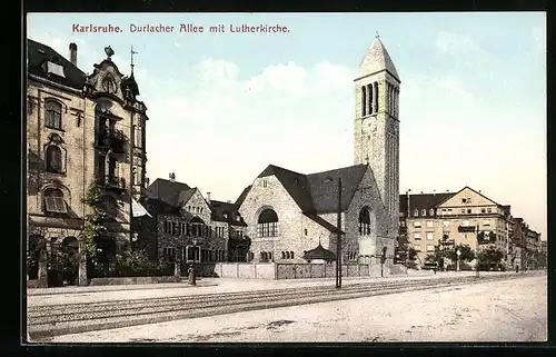 AK Karlsruhe, Durlacher Allee mit Lutherkirche