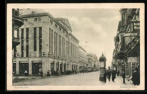 AK Karlsruhe, Kaiserstrasse mit Geschäften