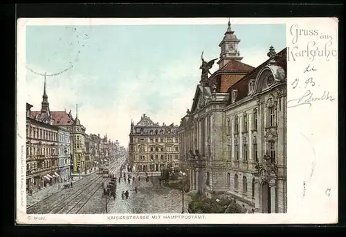 Lithographie Karlsruhe, Kaiserstrasse mit Hauptpostamt