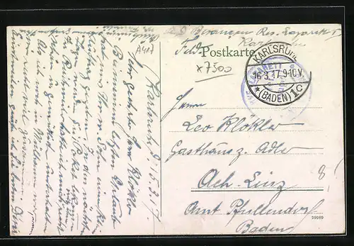 AK Karlsruhe, Kaiserstrasse mit Hauptpost