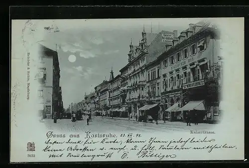 Mondschein-AK Karlsruhe, Kaiserstrasse mit Wiener Cafe, Apotheke und Englischem Hof