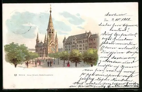 Lithographie Berlin-Charlottenburg, Blick zur Kaiser-Wilhelm-Gedächniskirche