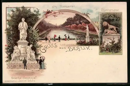 Lithographie Berlin-Tiergarten, Passanten im Thiergarten, am Goldfischteich, das Goethe-Denkmal, die Löwengruppe