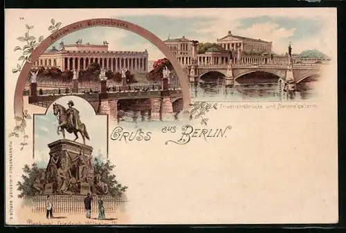 Lithographie Berlin, Altes Museum, Nationalgalerie und Friedrich-Wilhelm-III.-Denkmal