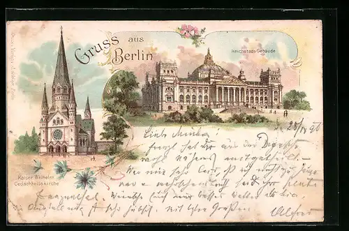 Lithographie Berlin, Reichstags-Gebäude, Kaiser Wilhelm-Gedächtniskirche