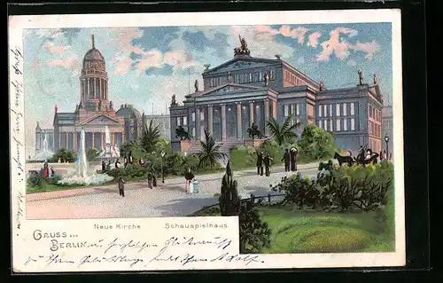 Lithographie Berlin, Neue Kirche, Schauspielhaus, Gendarmenmarkt