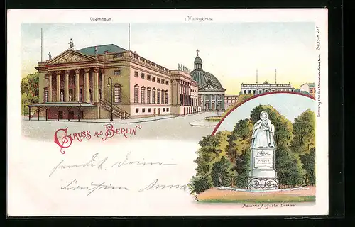 Lithographie Berlin, Opernhaus und Hedwigkirche, Kaiserin Augusta-Denkmal